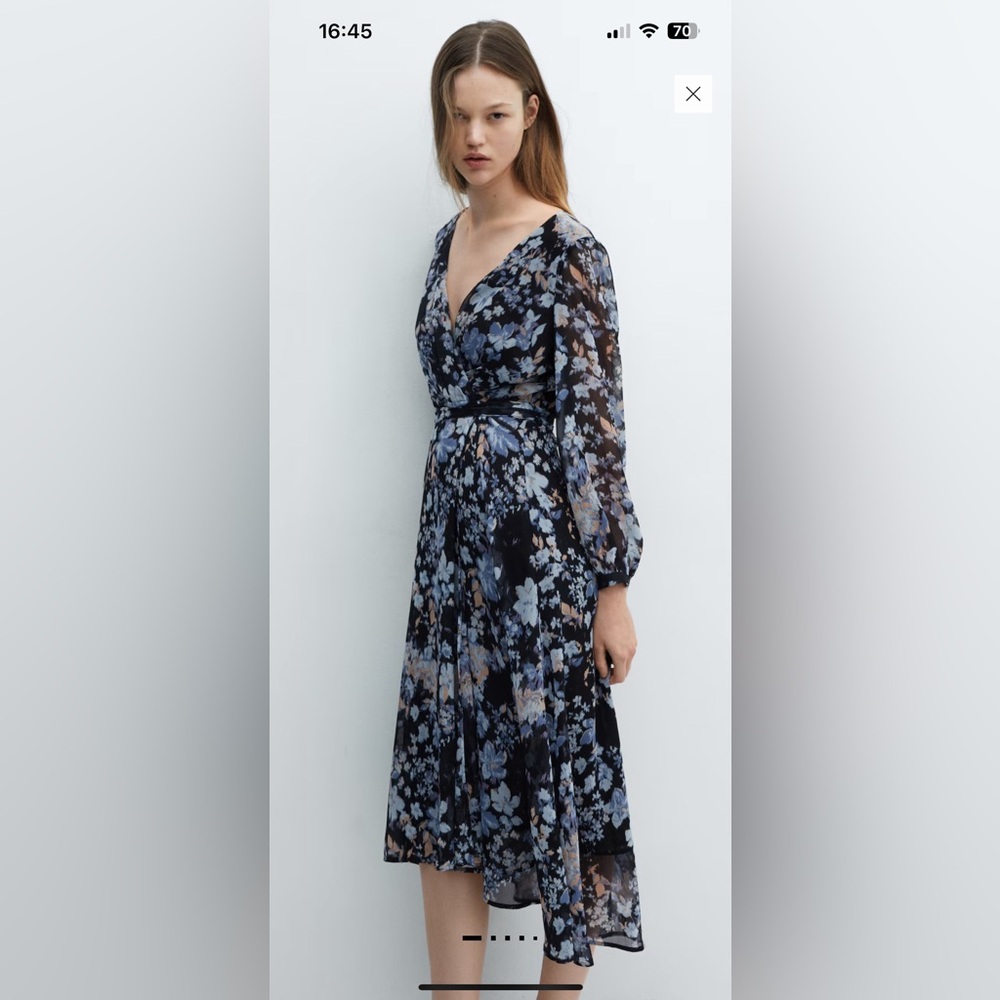 Mango Long Sleeve Floral Dress - Blue and Black